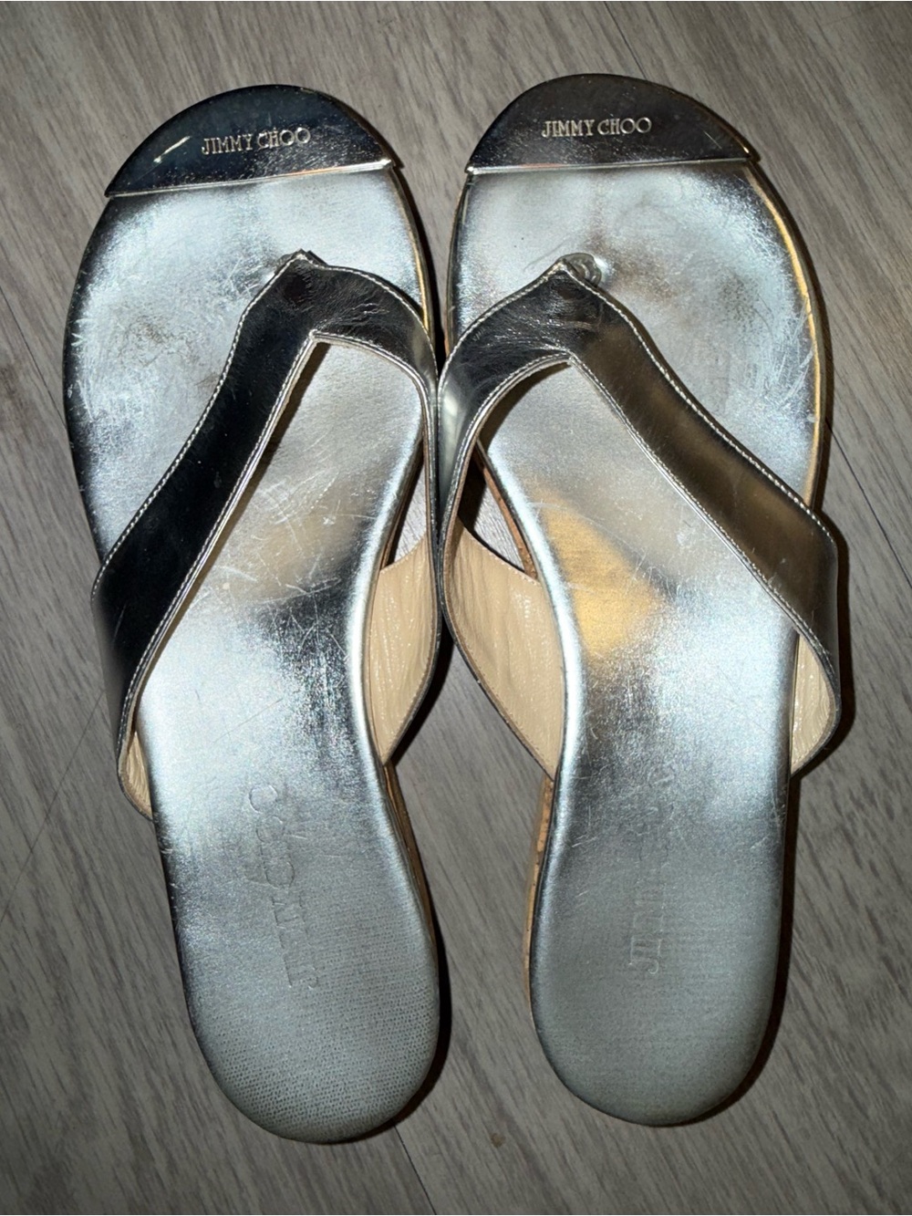 Jimmy Choo Silver Metallic Leather Thong Sandals